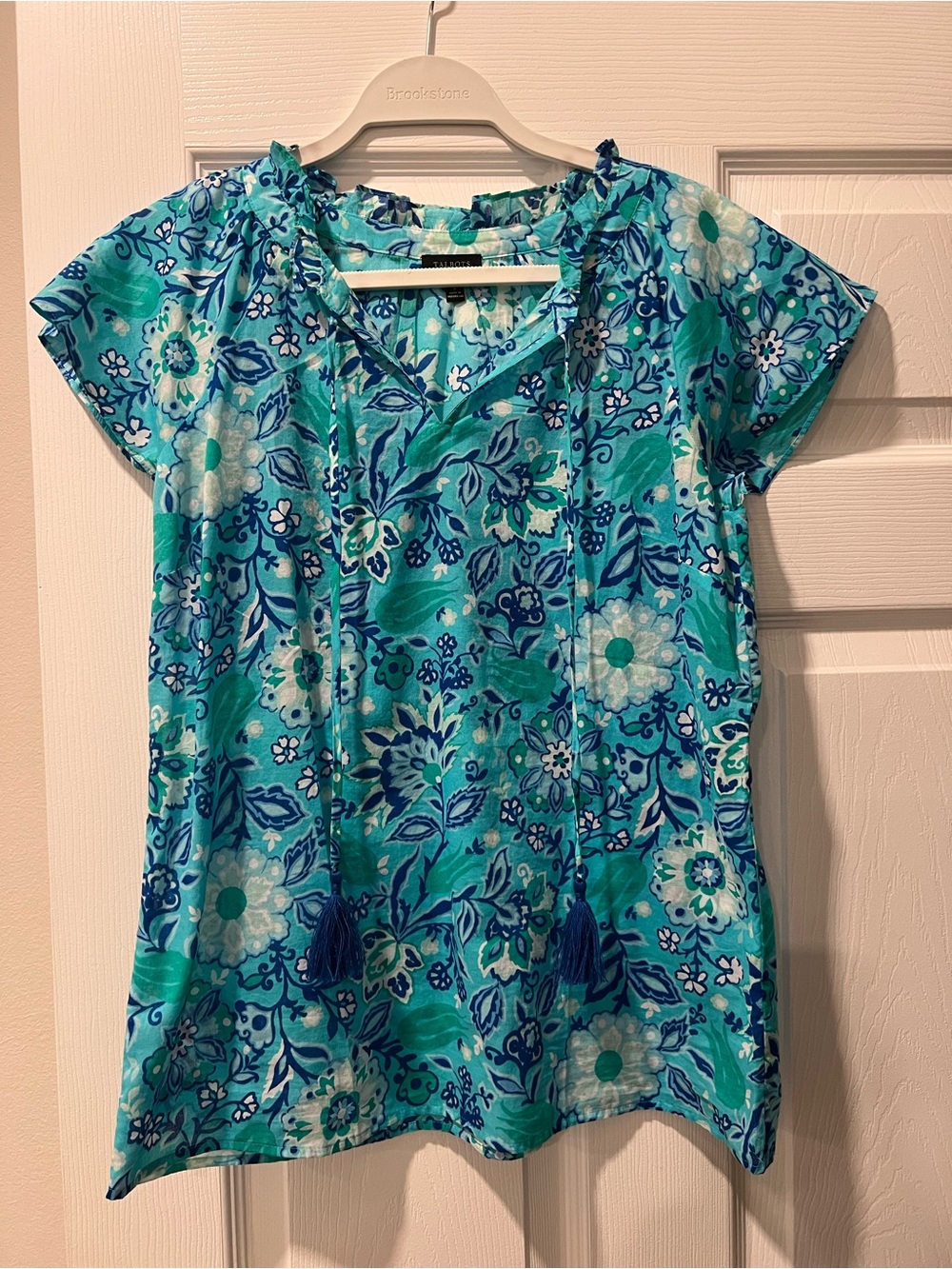 Talbots Blue & Teal Floral V-Neck Tassel Short Sleeve Top